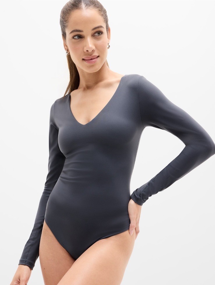 Athleta Bodymove plunge long sleeve bodysuit- large- dark rinse- nwot