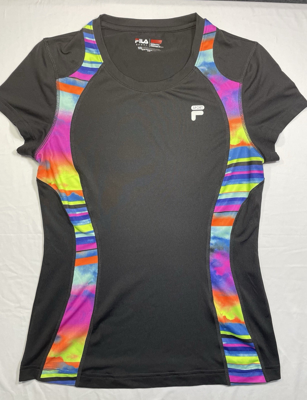FILA Sport Athletic Top XS Black Multicolor Short Sleeve Geometric Womens