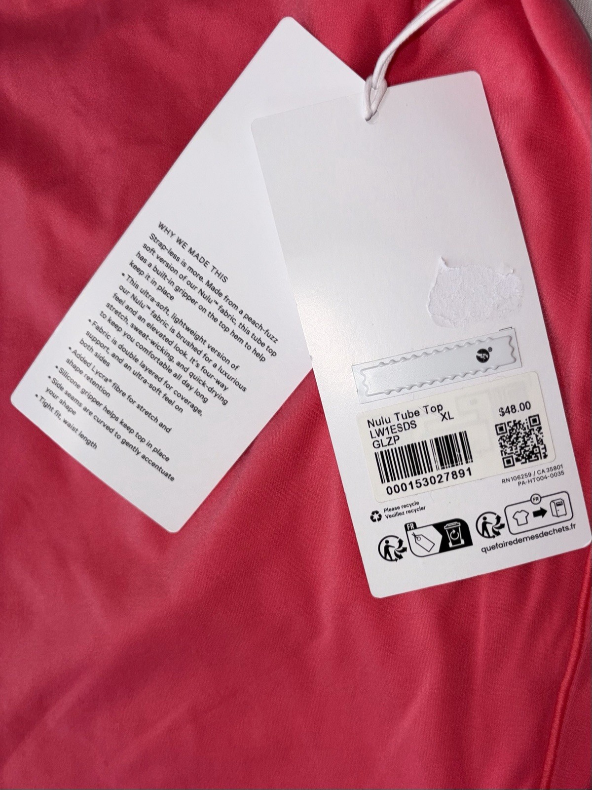 NWT⛱️LULULEMON⛱️X-LARGE⛱️WUNDERMOST⛱️NULU TUBE TOP⛱️GLAZED PINK⛱️HIP LENGTH⛱️