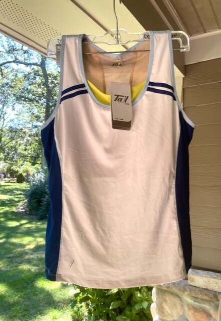 NEW TAIL TECH Performance TENNIS White+ Blue Tank Top b/I Bra ~ Sz L~ MSRP $59