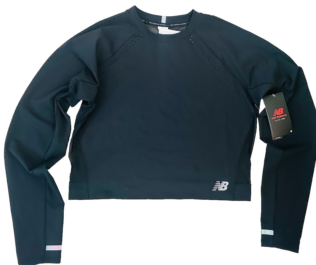 New Balance Dry Womens Large Black Fitted High Neck Crop Top L/S Sheer Back