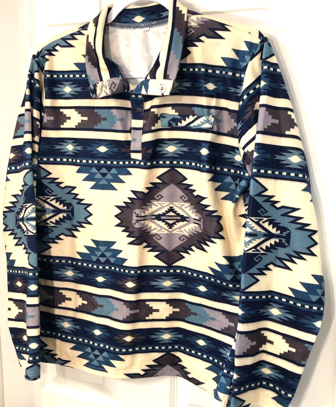 Aztec Pullover Sz L Snap Henley Long Sleeve Velour Popover Lightweight Top