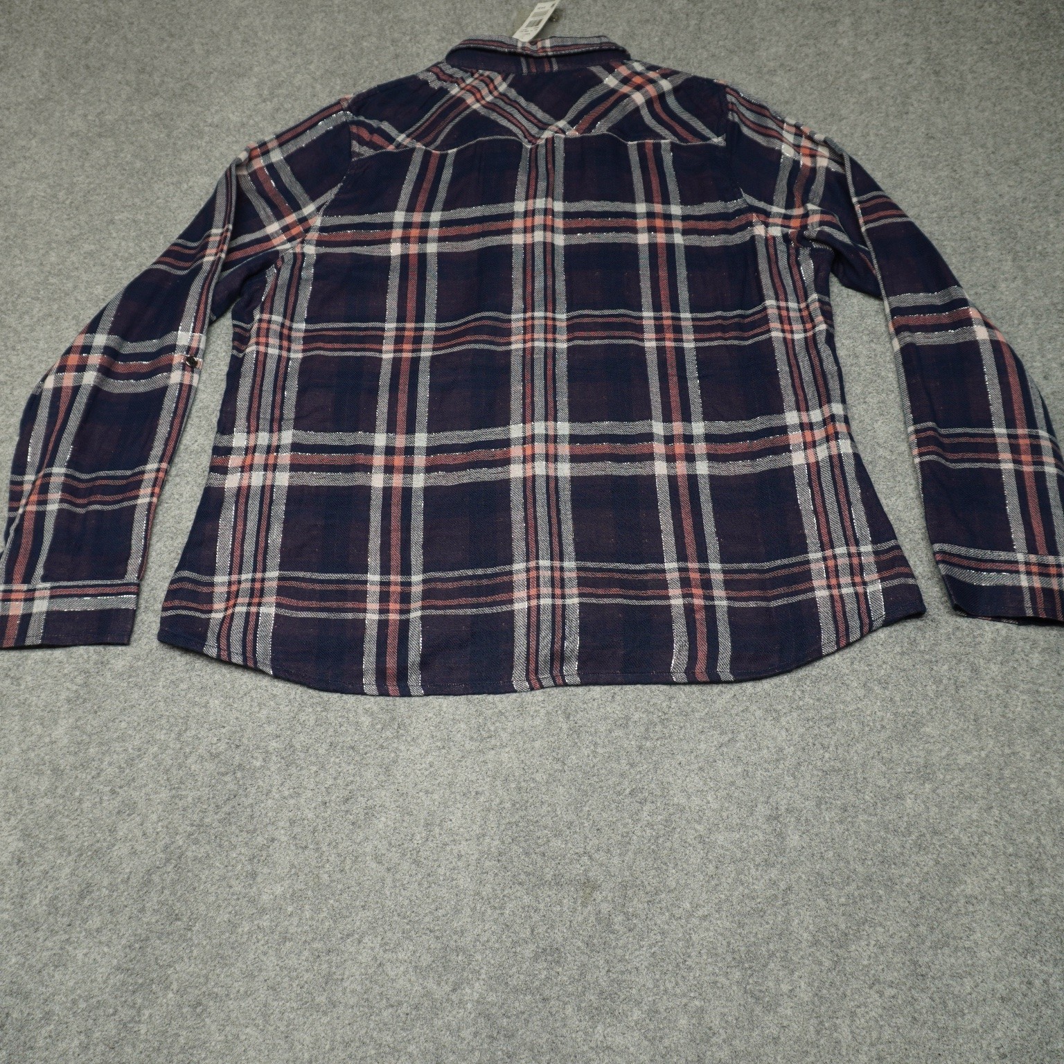 VANITY Plaid Activewear Top Women’s 2XL Navy Peach Metallic Cotton Shirt New