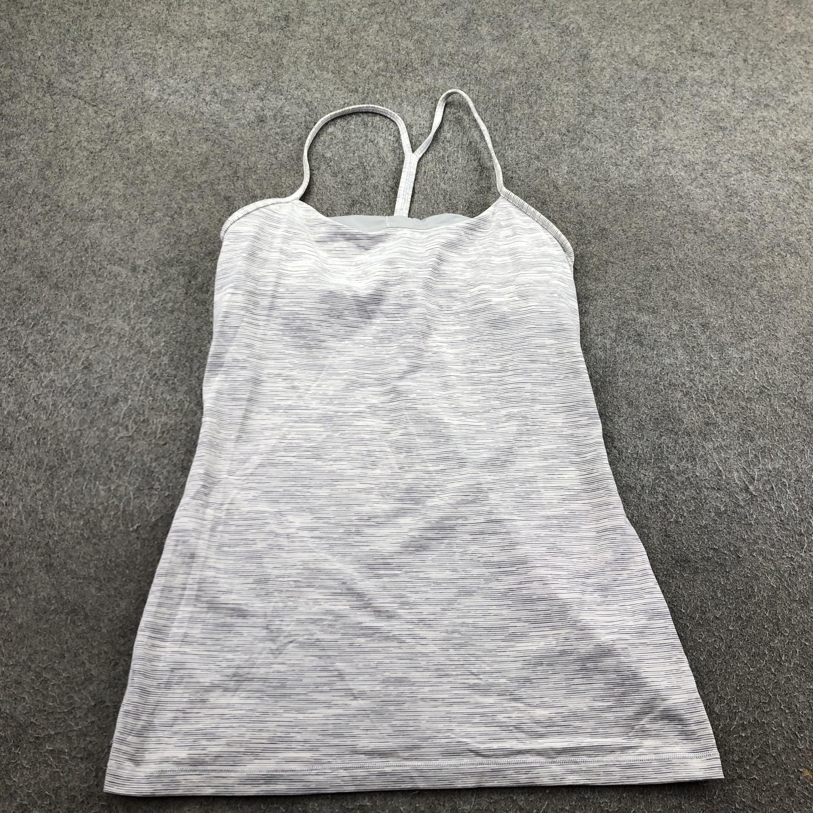 Lululemon Tank Top Womens 8 Gray Power Y Built In Bra Striped Yoga Athletic