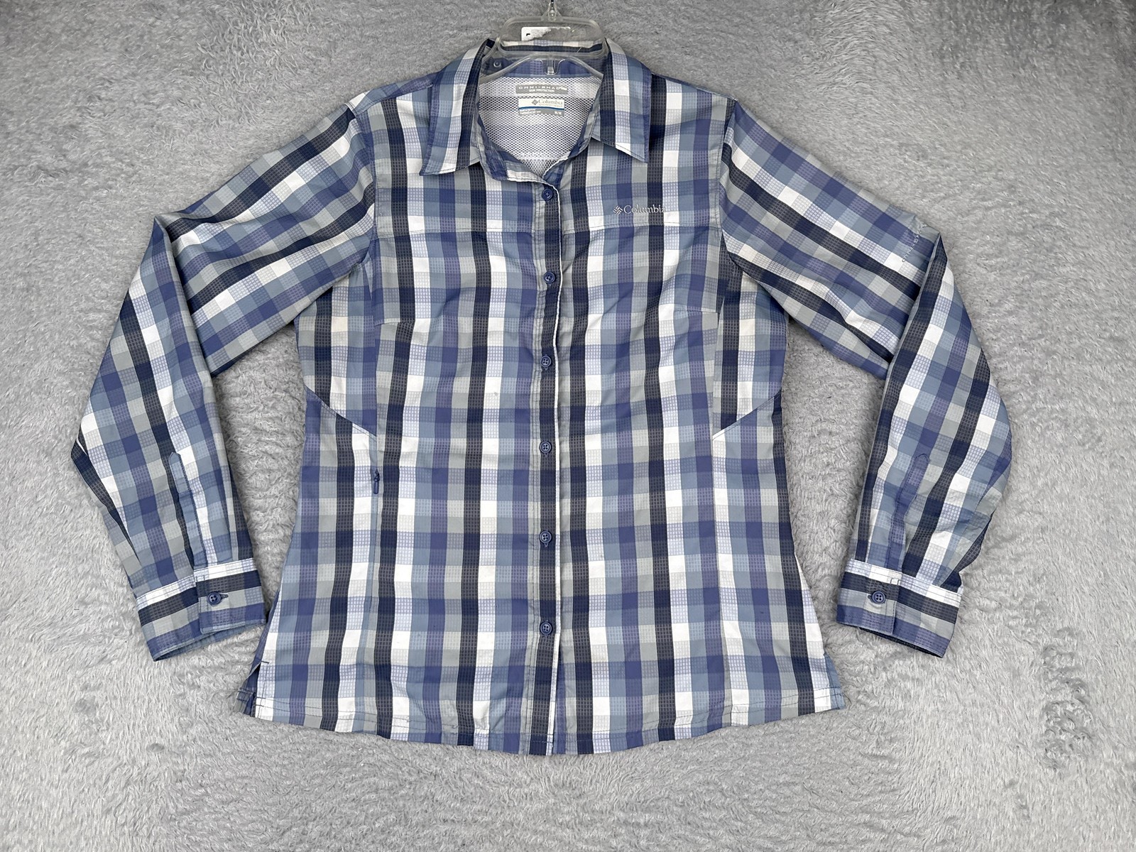 Columbia Shirt Womens Medium Blue Plaid Long Sleeve Omni-Shade Hiking Sun
