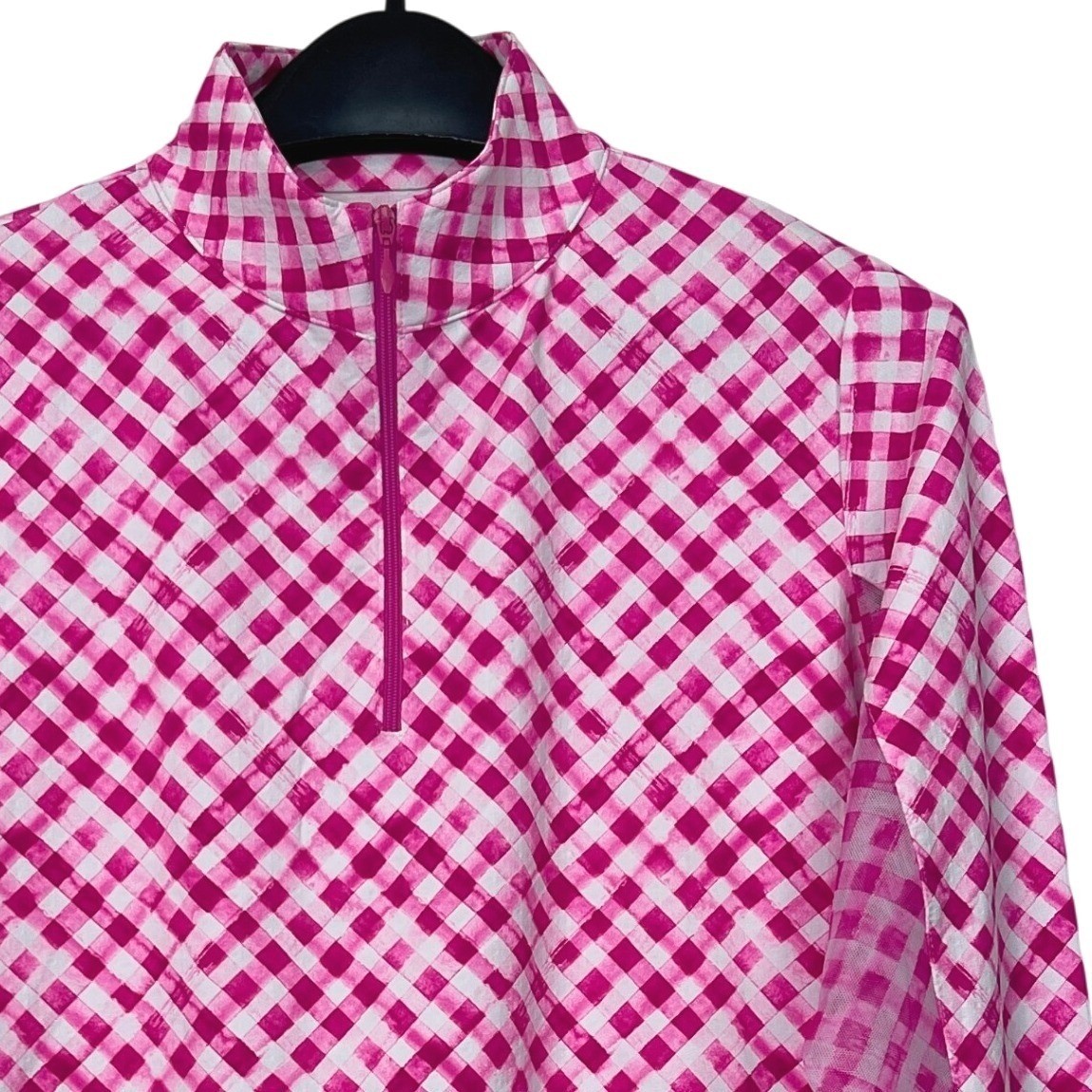 NEW IBKUL 1/4 Zip Golf Tennis Top Gingham Long Sleeve Mock Womens S Pink $101