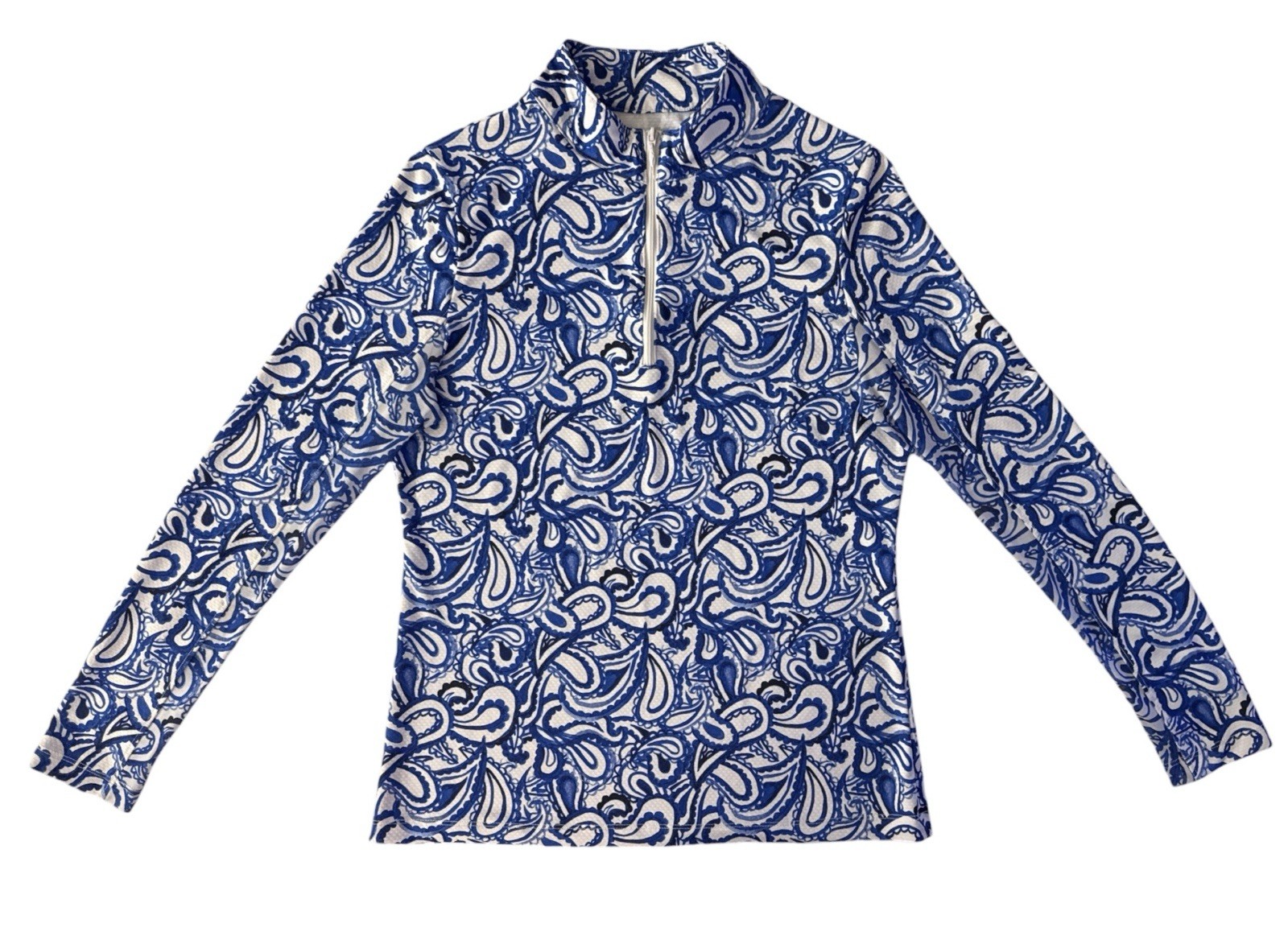 X By GOTTEX Activewear Top Long-sleeve Quarter Zip Blue White Royal Paisley XS