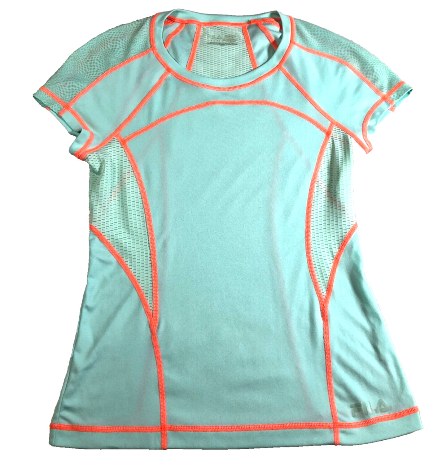FILA Sport Womens T-Shirt Sz XS Aqua w Orange Trim Scoop Neck Stretch Cap Sleeve