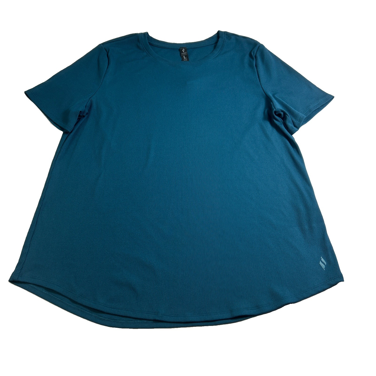 Skechers Ribbed T-Shirt Women Large Blue Short Sleeve Stretch Curved Hem Tee
