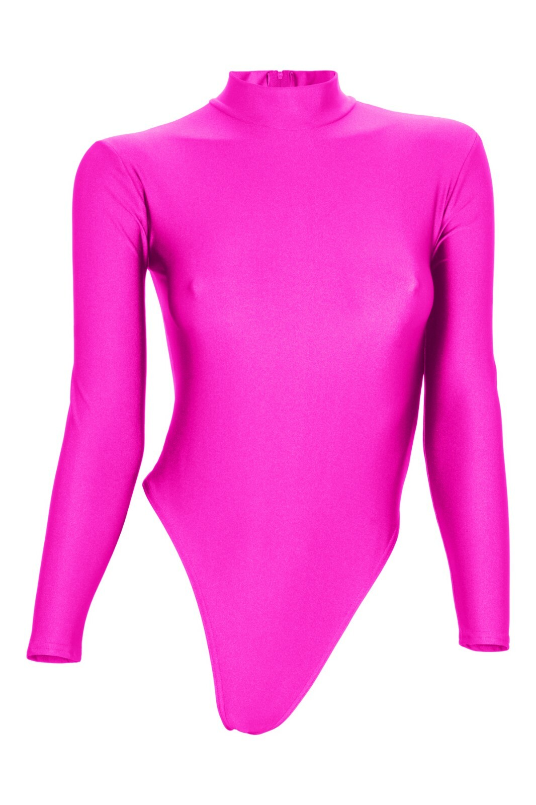 Ladies string body long sleeves back zip pink leotard stretch shiny shiny