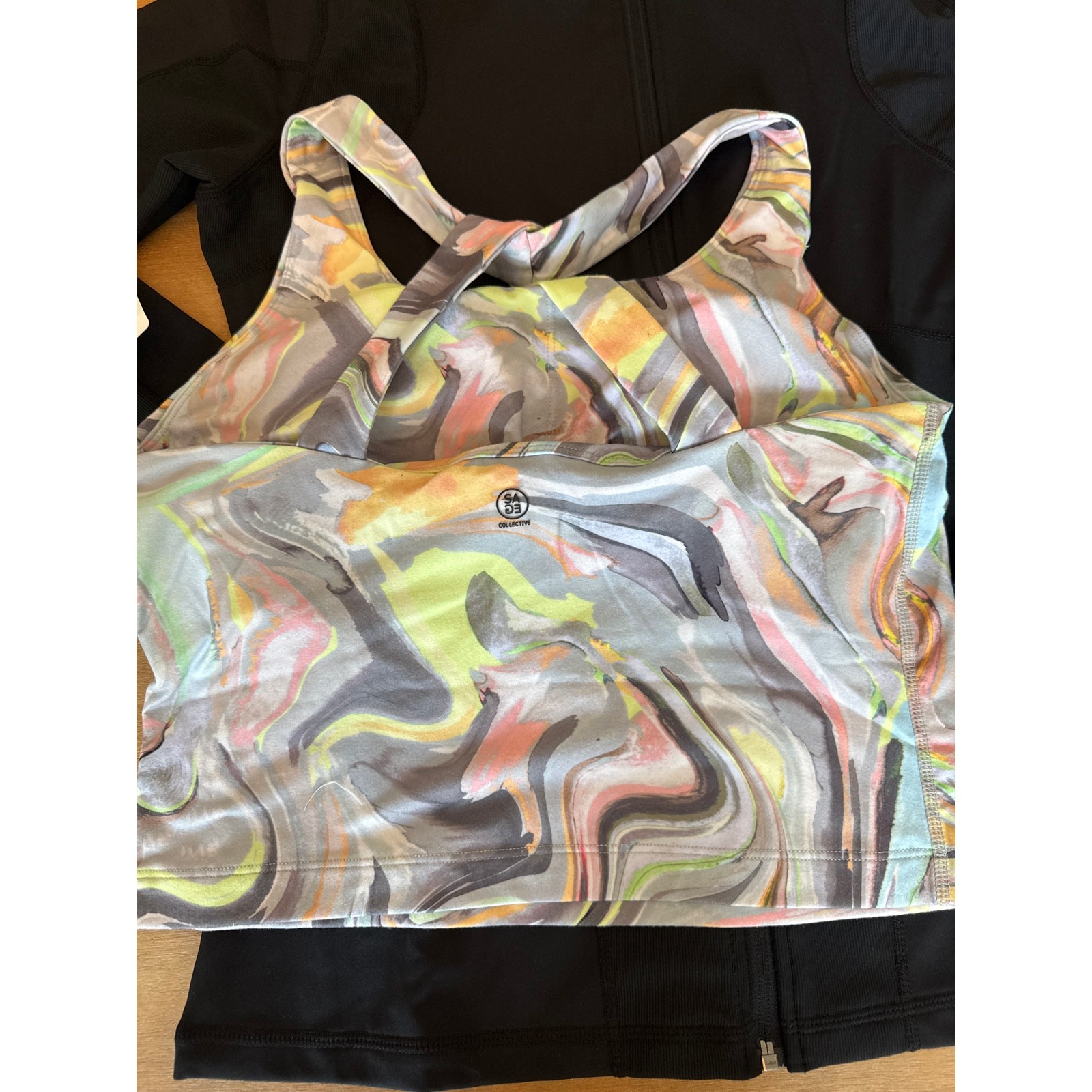 Sage Collective Dream swirl cropped athletic built in bra and Black Zip Jacket M