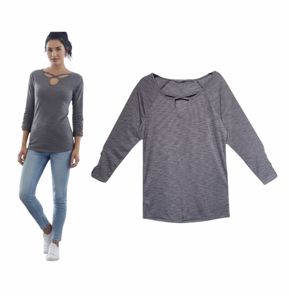 ⭐Harmony Sz S Basic Women Active top Grey textured 3/4 sleeve Criss Cross NEW⭐