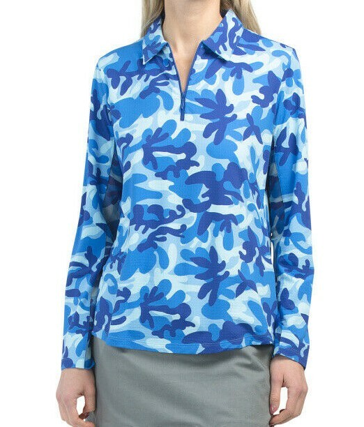 IBKUL Camo Royal Navy Long Sleeve Polo Top Size XS Golf Tennis Pickleball COOLIN
