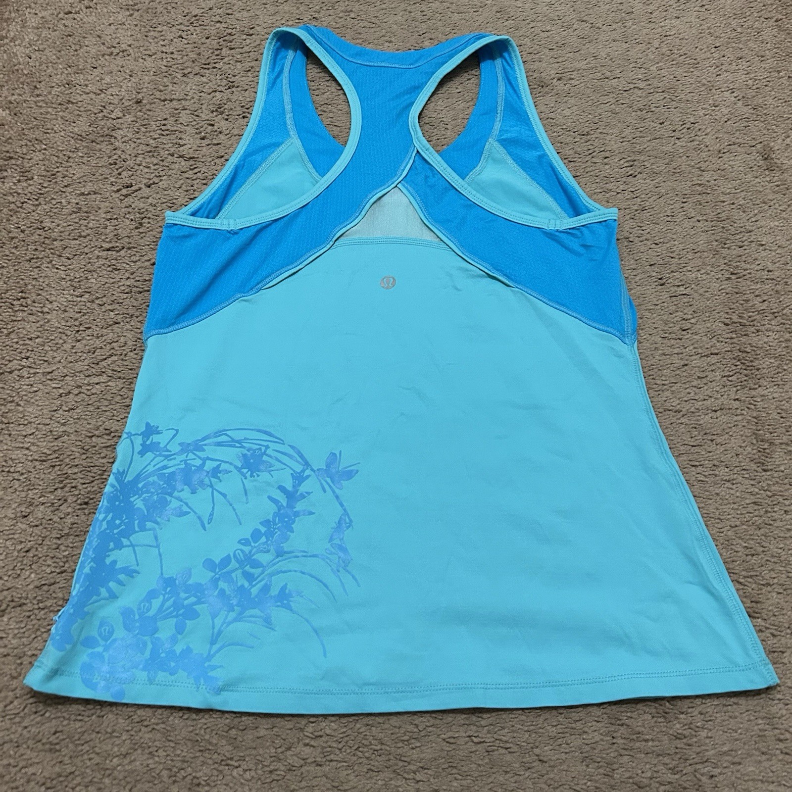 Lululemon Racerback Tank Top Floral Graphic W Butterflies Blue Sz 8 Side Pocket