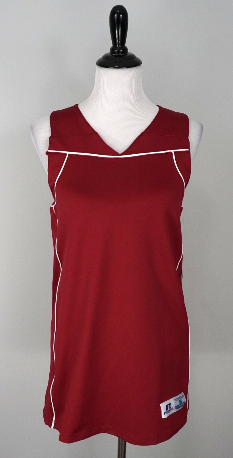 RUSSELL Athletic Womens Maroon Red Burgundy White V-Neck Basketball Jersey Top S