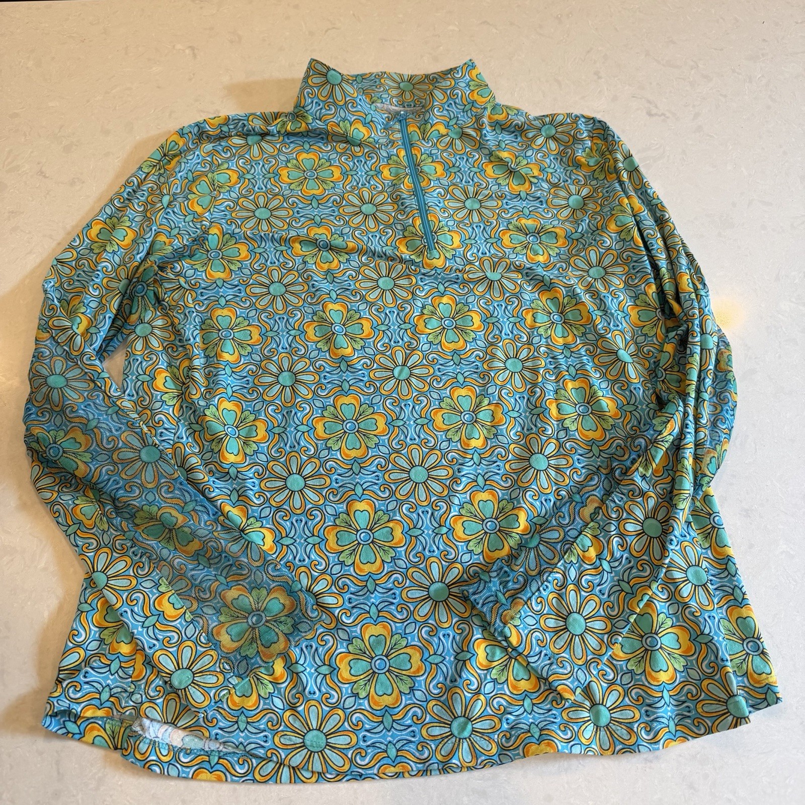 IBKUL Sun Shirt Womens XL Blue Yellow Floral 1/4 Zip UPF 50+ IceFil Mock Neck