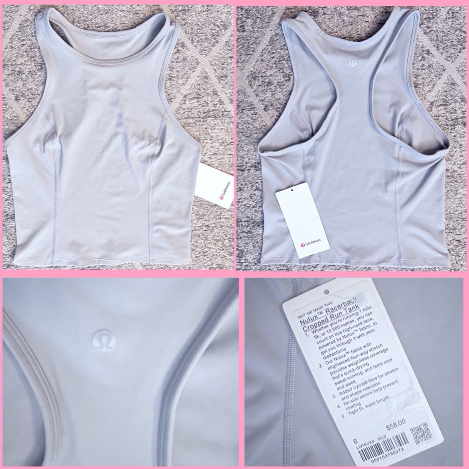 Lululemon Size 6 Nulux Racerback Cropped Run Tank Silver Drop Gray New NWT $58