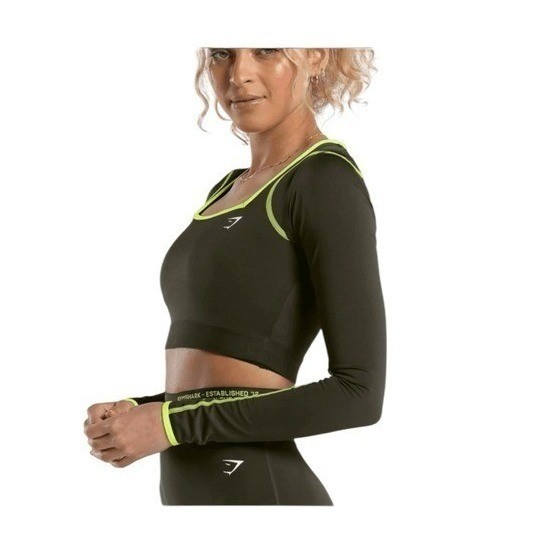 Gymshark Contrast Long Sleeve Crop Top Olive Green Fluro Green Square Neck Athle