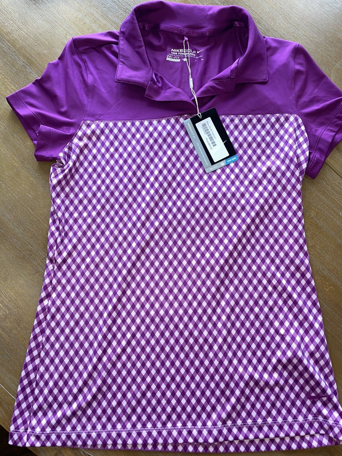 Nike Golf womens Small top purple white gingham check v neck tennis shirt NWT