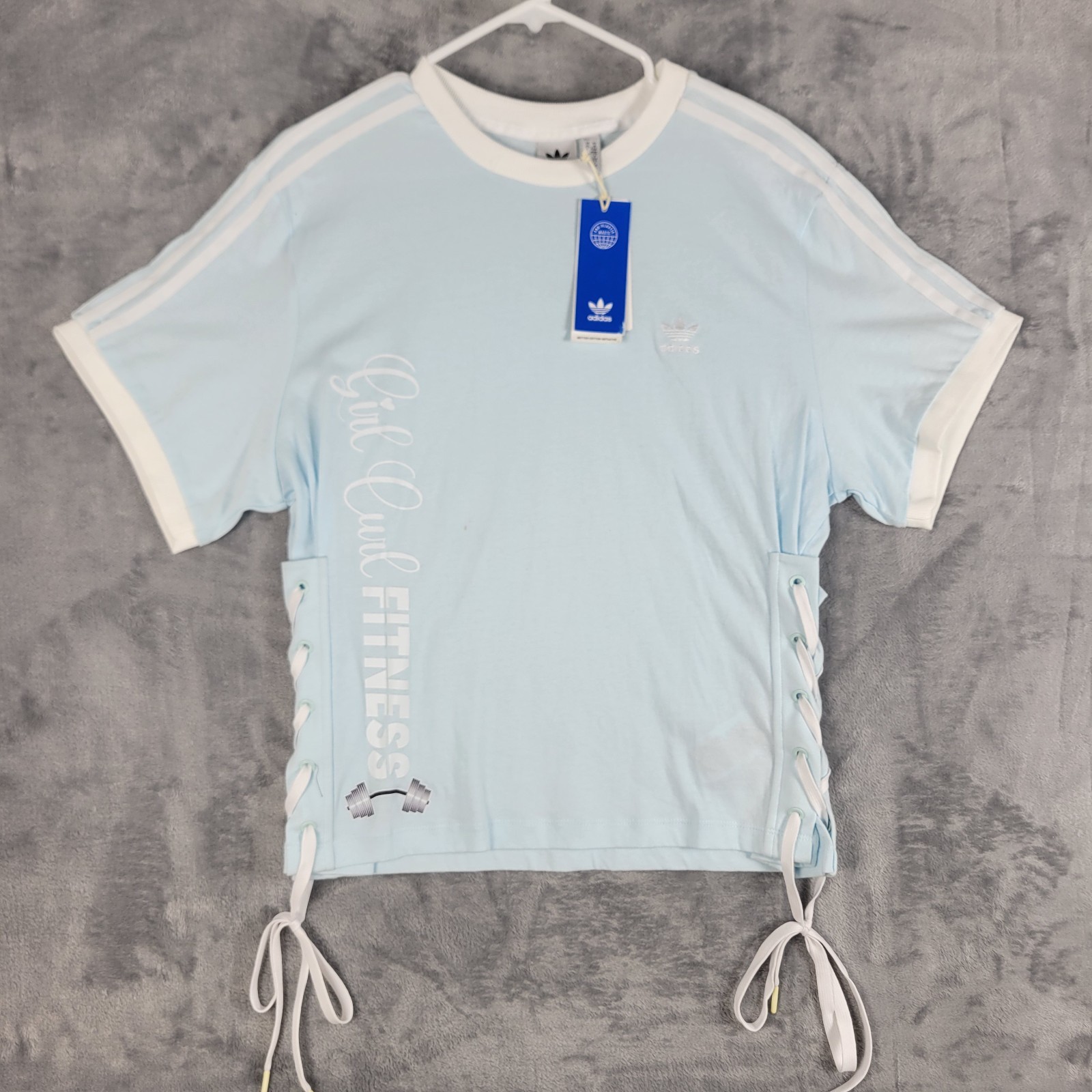 Adidas Shirt Womens Size M Lace Tee Gym “Girl Curl Fitness” Blue New