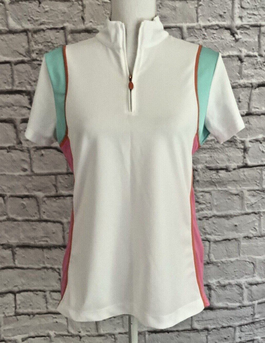 EP Pro Tour Tech M Golf Top 1/4 Zip Shirt White Pink Green Short Sleeve Mock