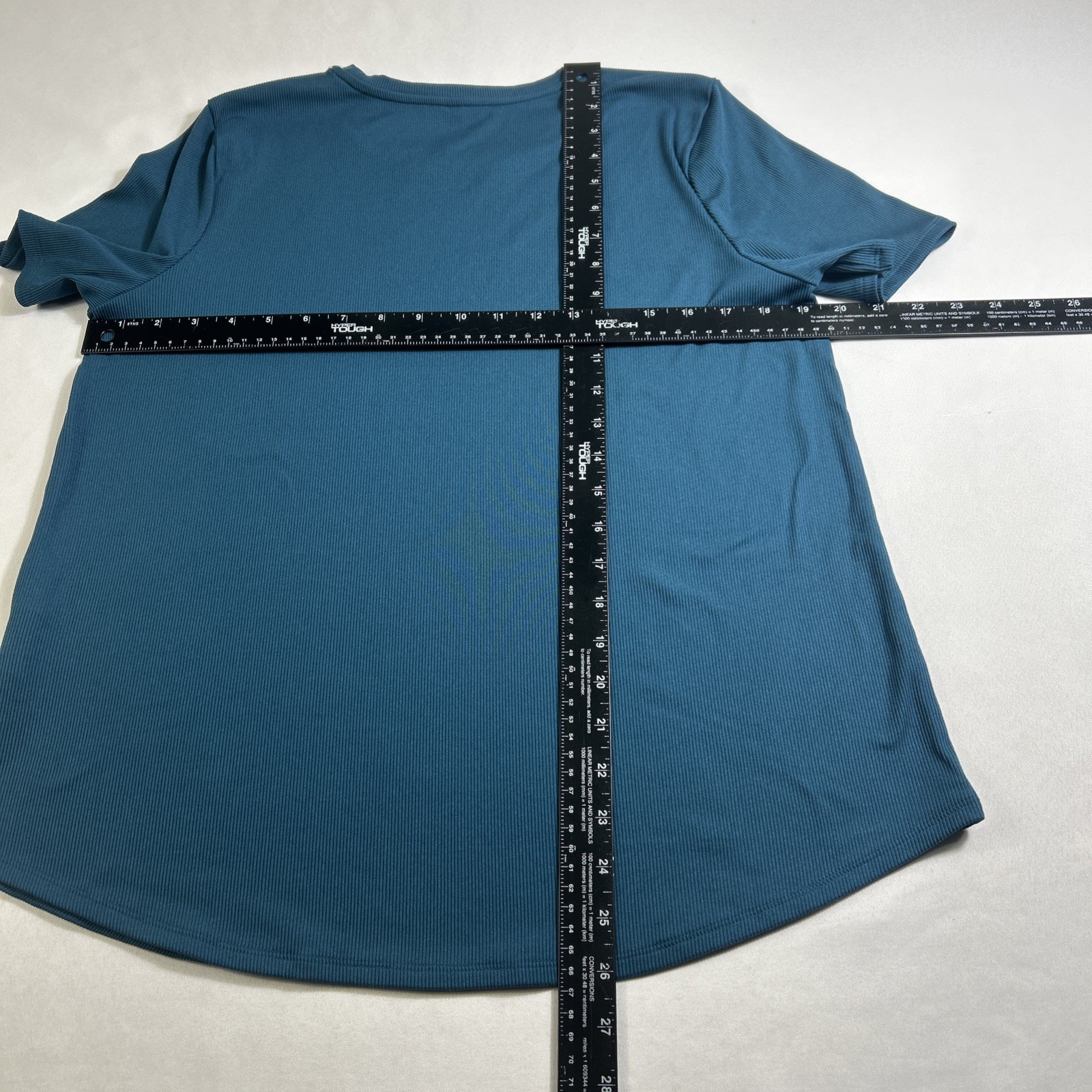 Skechers Ribbed T-Shirt Women Large Blue Short Sleeve Stretch Curved Hem Tee