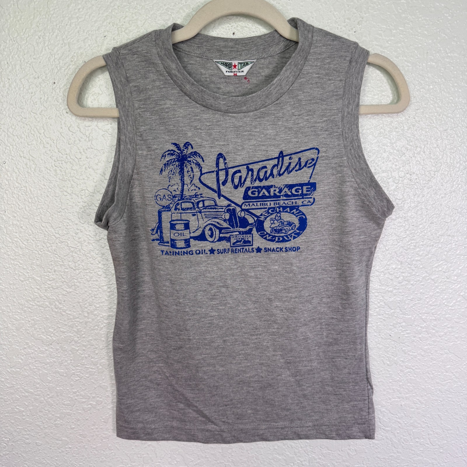 Hard Tail Forever Y2K Tank Top Womens Medium Paradise Garage Malibu CA Grey Vtg