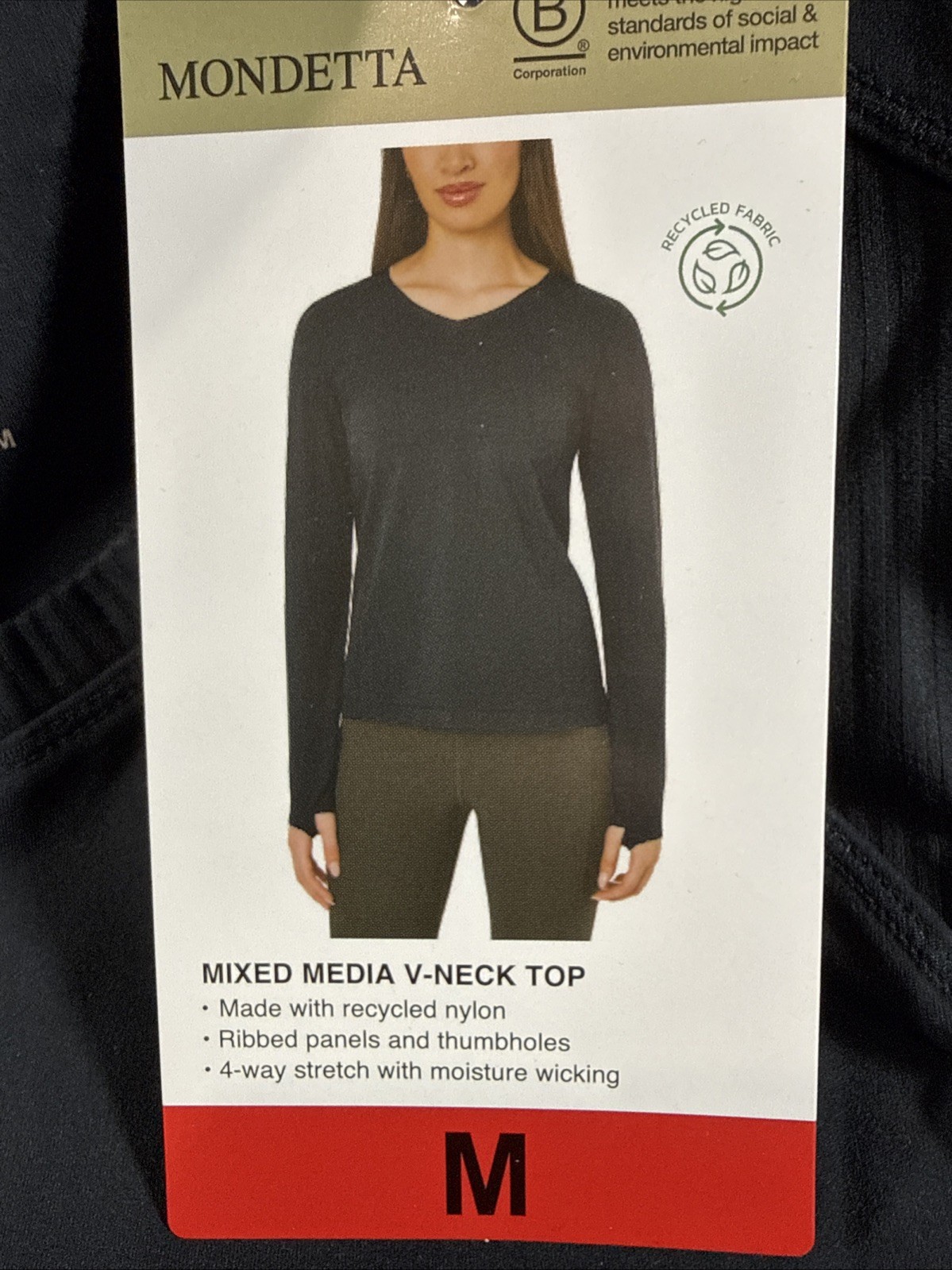 Mondetta Women’s Mixed Media V-Neck Top, Black Thumb Holes Medium, NWT