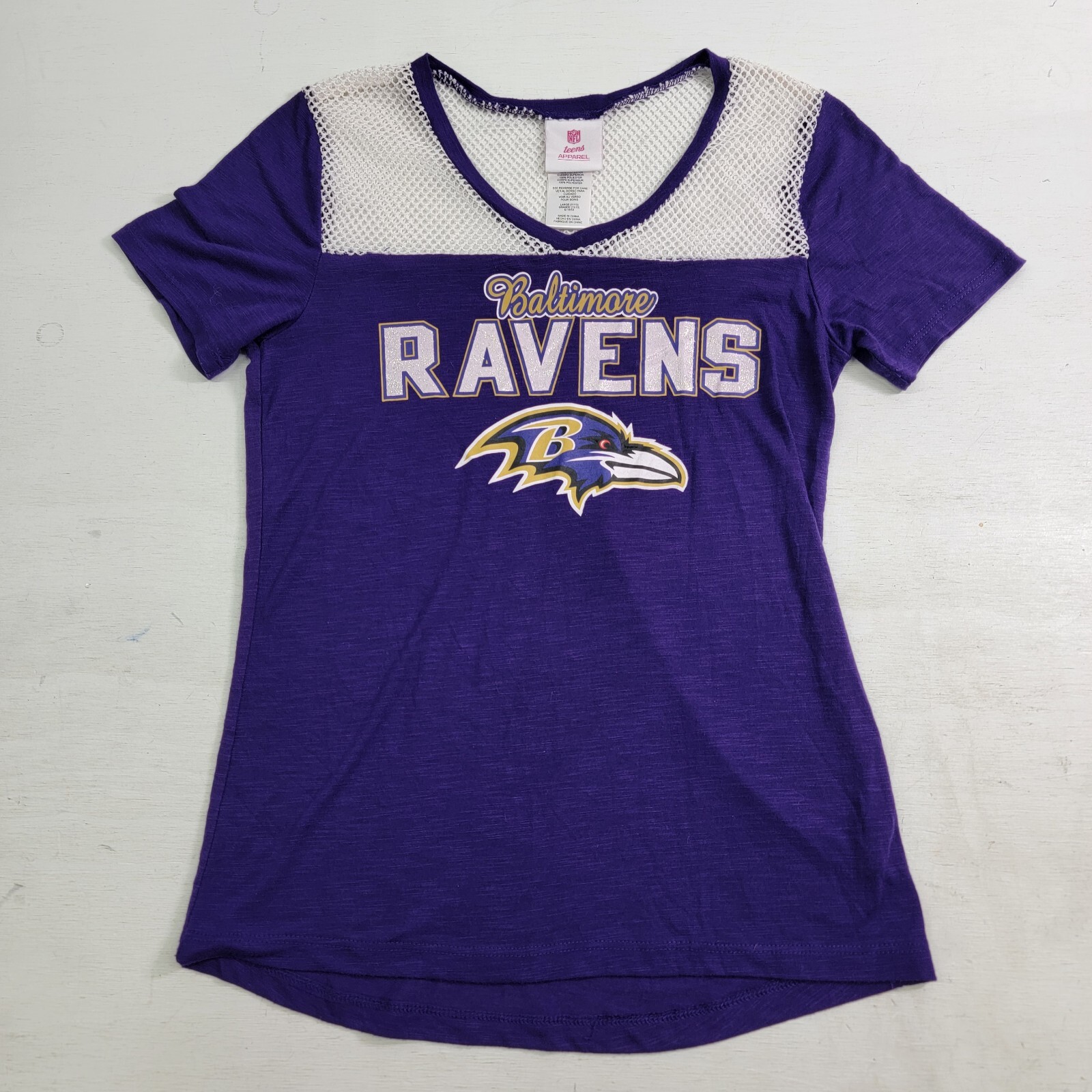 NFL Baltimore Ravens Purple T-Shirt Tee Mesh Top Women’s Teens Girls Sz L EUC