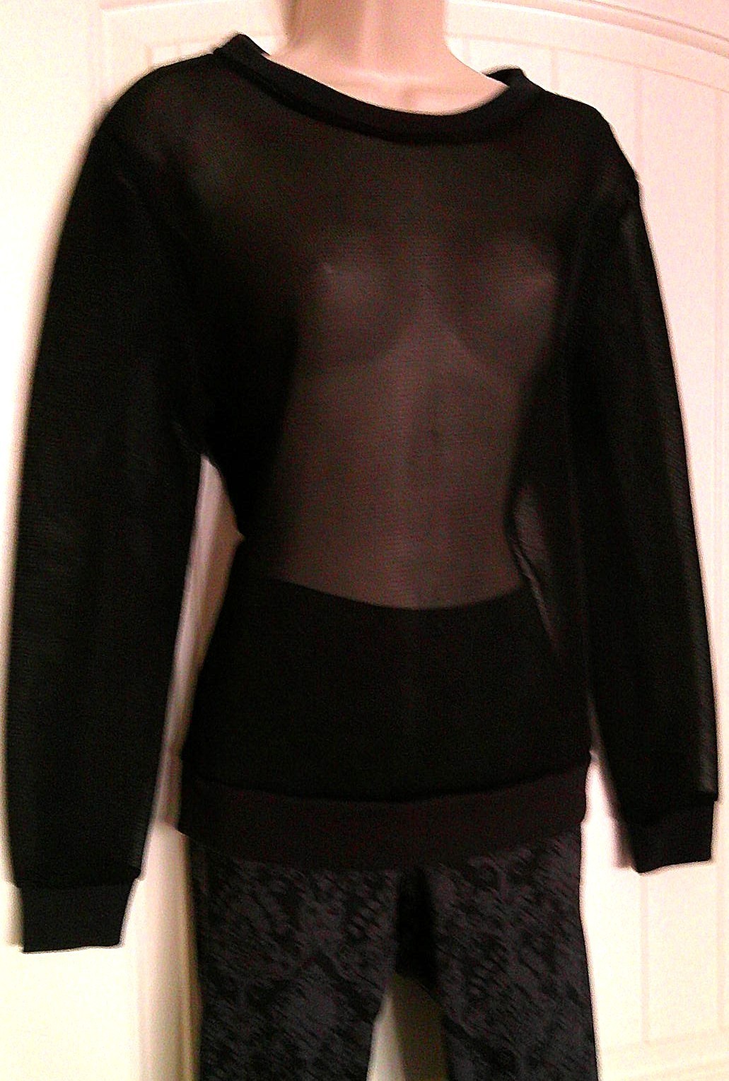 LUCY Black Sheer Mesh Warm-up/Cool-Down Top, Banded Hem/Cuffs/Neck, S, EUC