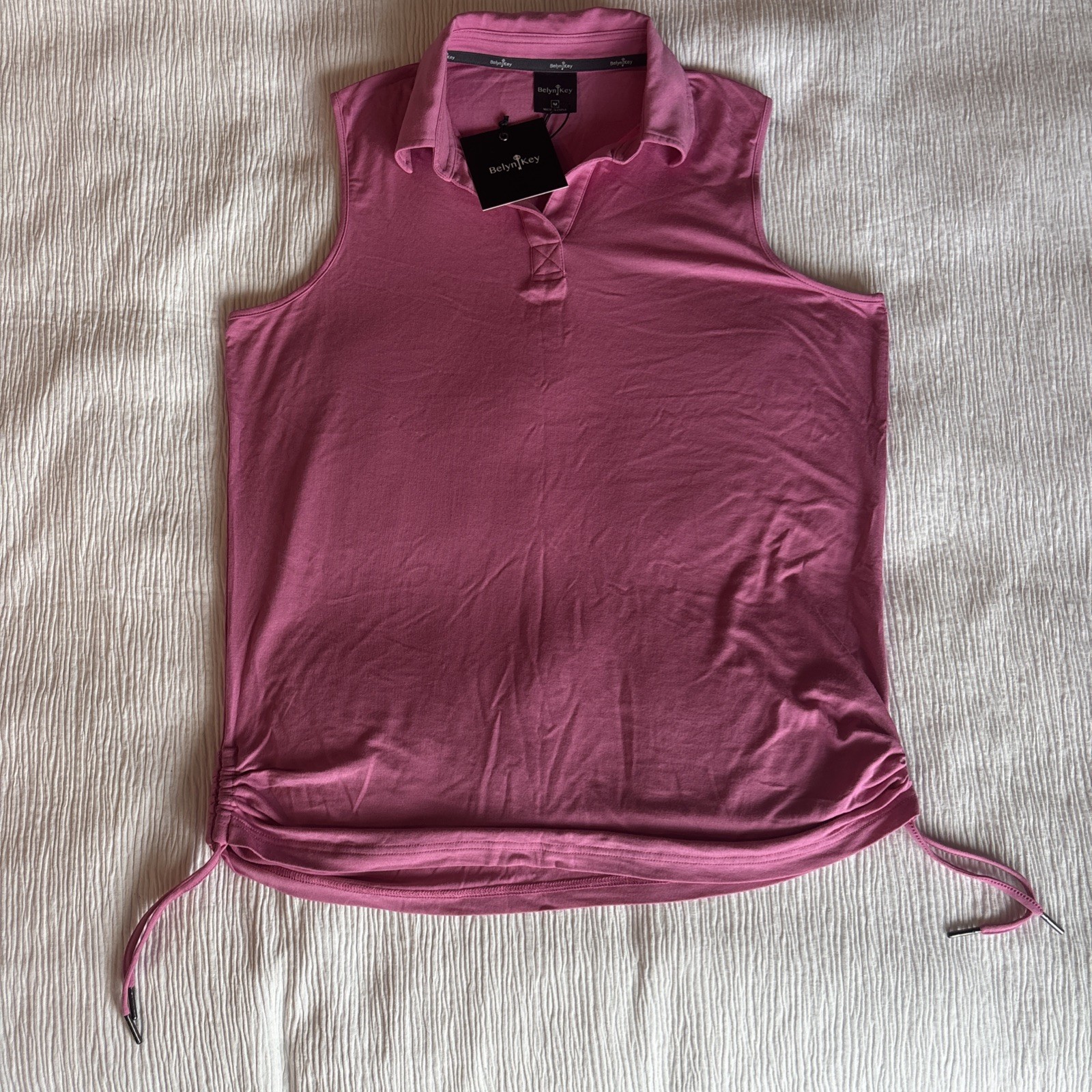 NWT Belyn Key Women’s Drawstring Pink Sleeveless V soft jersey top Size Medium