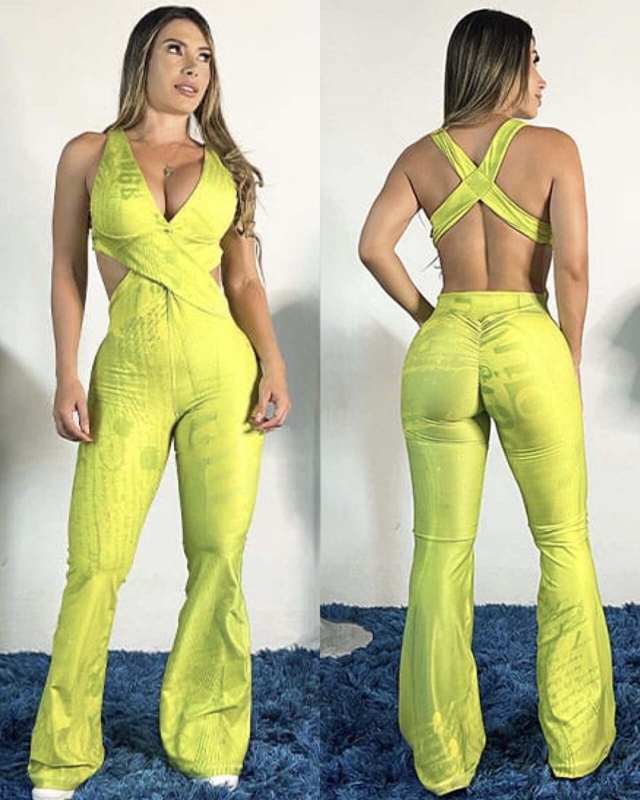 Colombian Brazilian Women’s Jumpsuit Enterizo Scrunch Bell Boot Microfiber S M L