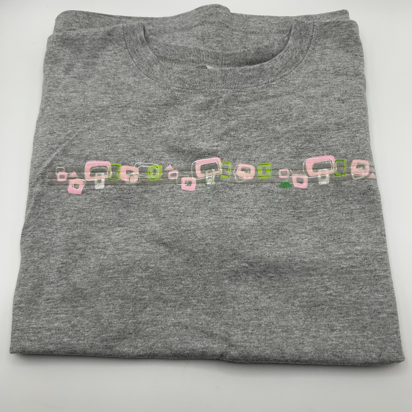 Vtg Y2K Adidas Cotton Gray T-shirt Geometric Squares of Pink Green Woman’s Large