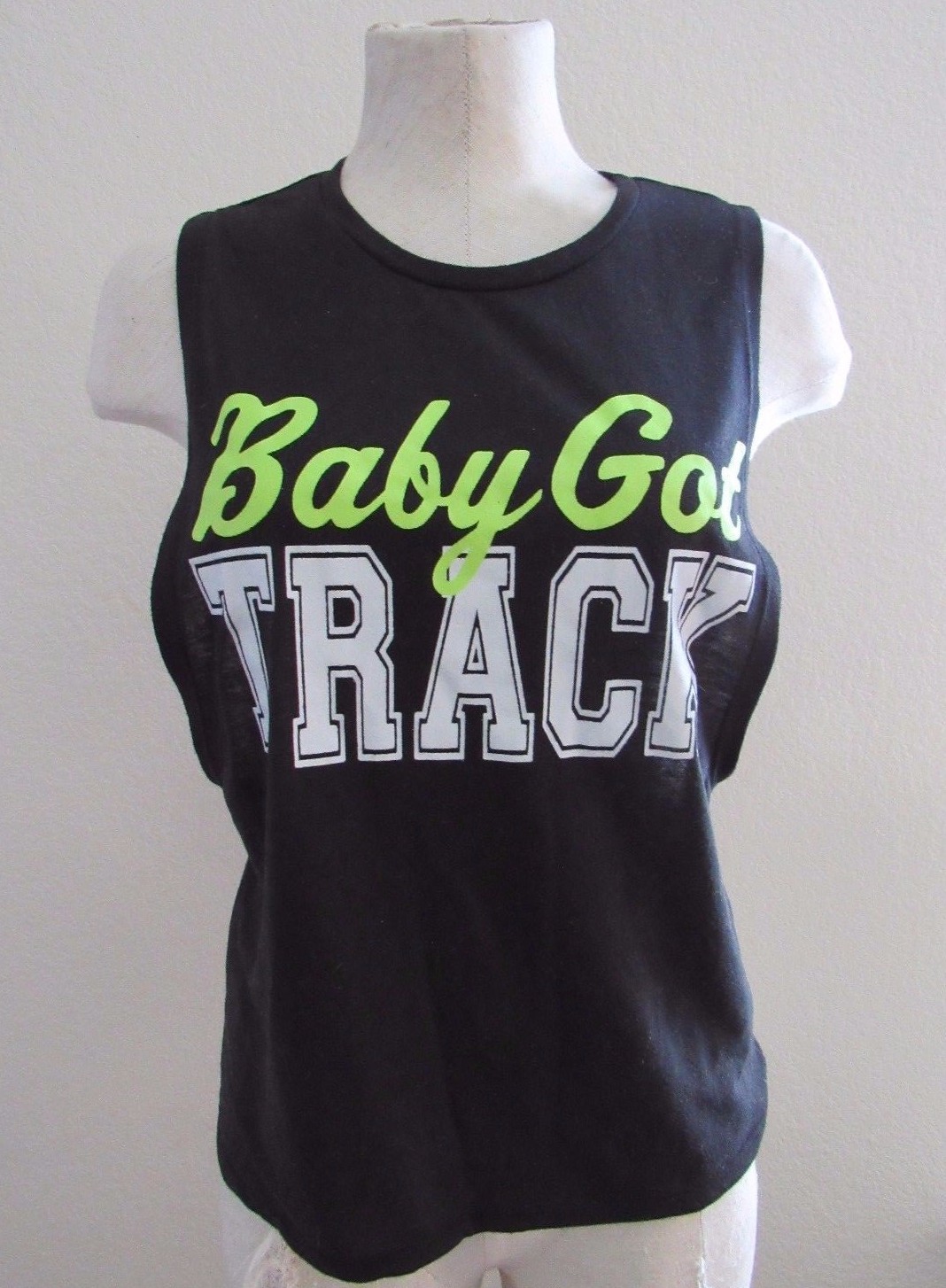 Women’s “Baby got Track” Athletic Sports Gym Black Shirt Top Sz Small open back