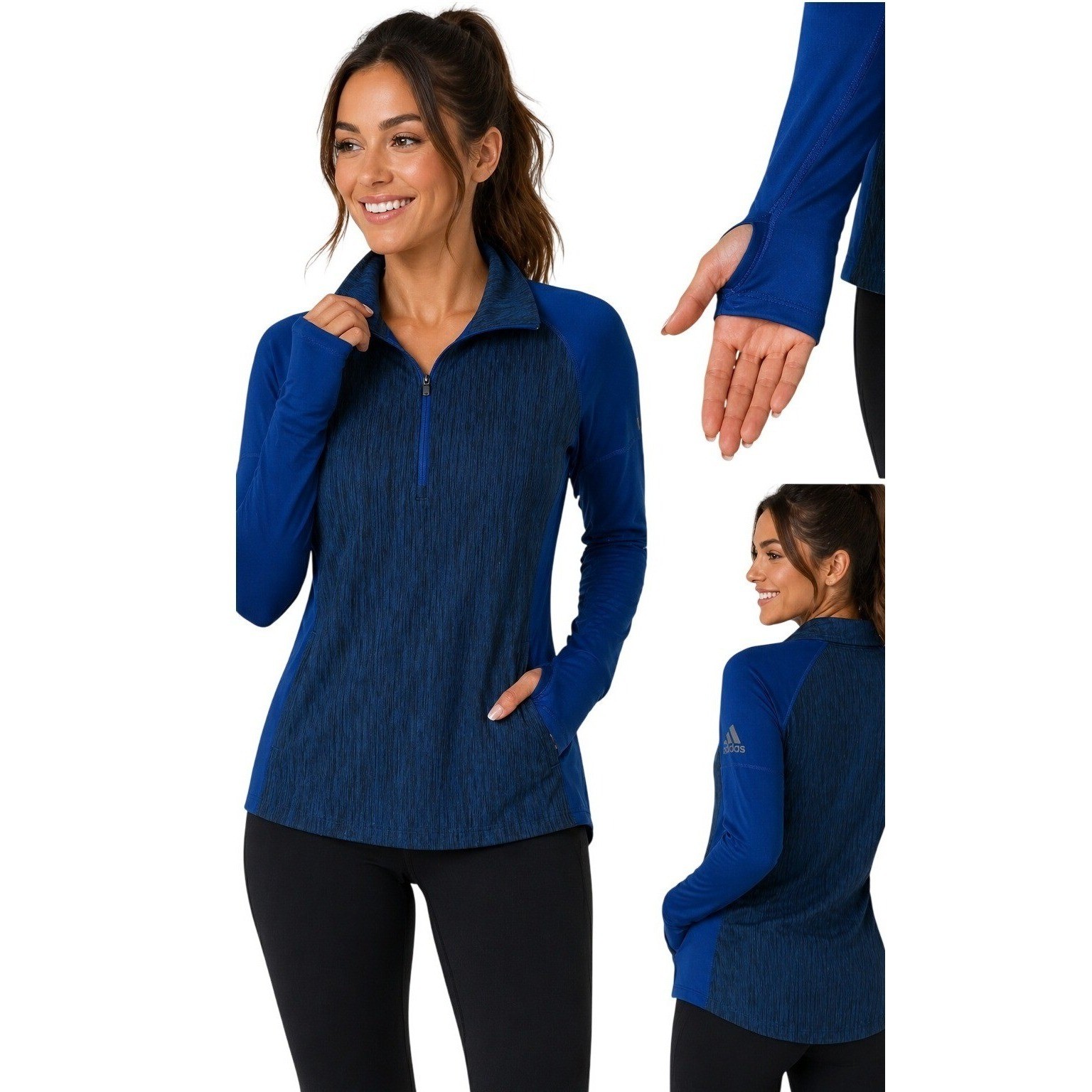 Adidas Top M Blue Reflective Quarter Zip Hi Lo Thumbholes Climalite Athleisure