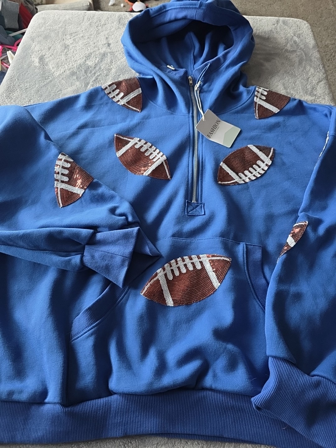 Women’s Football Sequin Hoodie Half Zip Long Sleeve Rugby Patches Game Day XXL