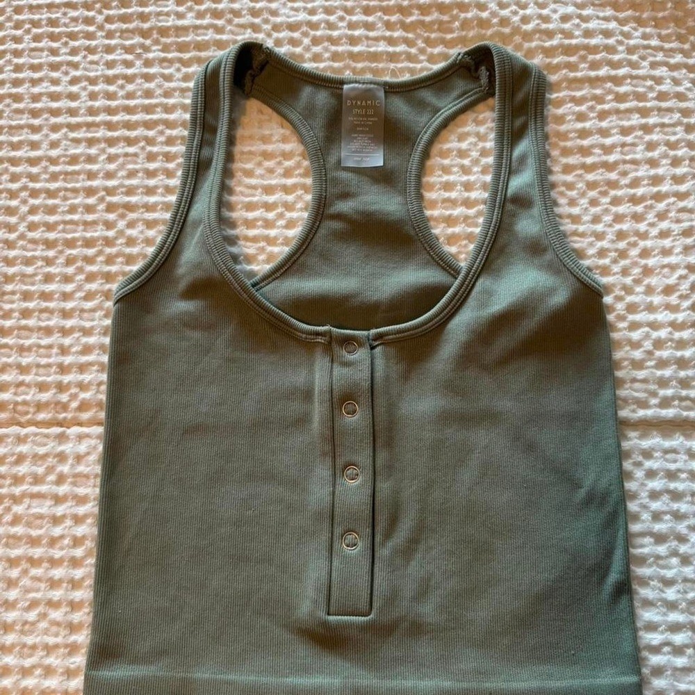 Green ribbed tank top in one size. Nylon & spandex blend.