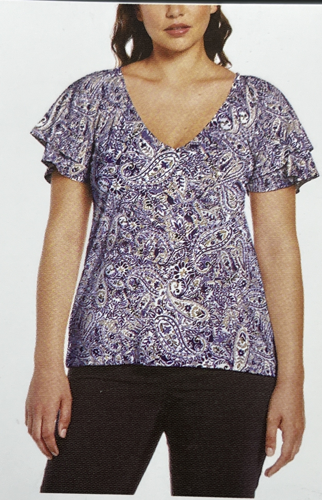 Rafaella Size M Paisley Women’s Knit V-Neck Ruffled Short Sleeve Fashion Top