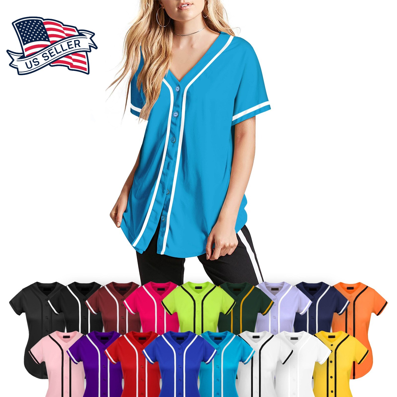Womens BASEBALL BUTTON DOWN Athletic Tee Short Sleeve Softball Jersey Active