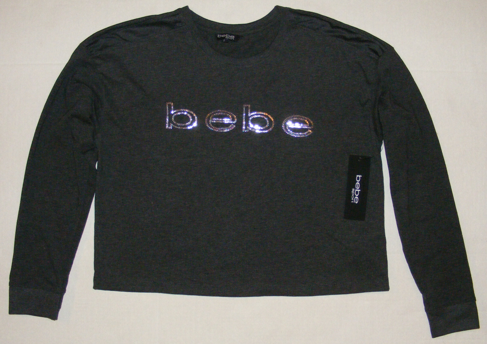 bebe Women’s Top Boxy Tee Size M L XL Relaxed Fit Long Sleeve Sequin Logo $49