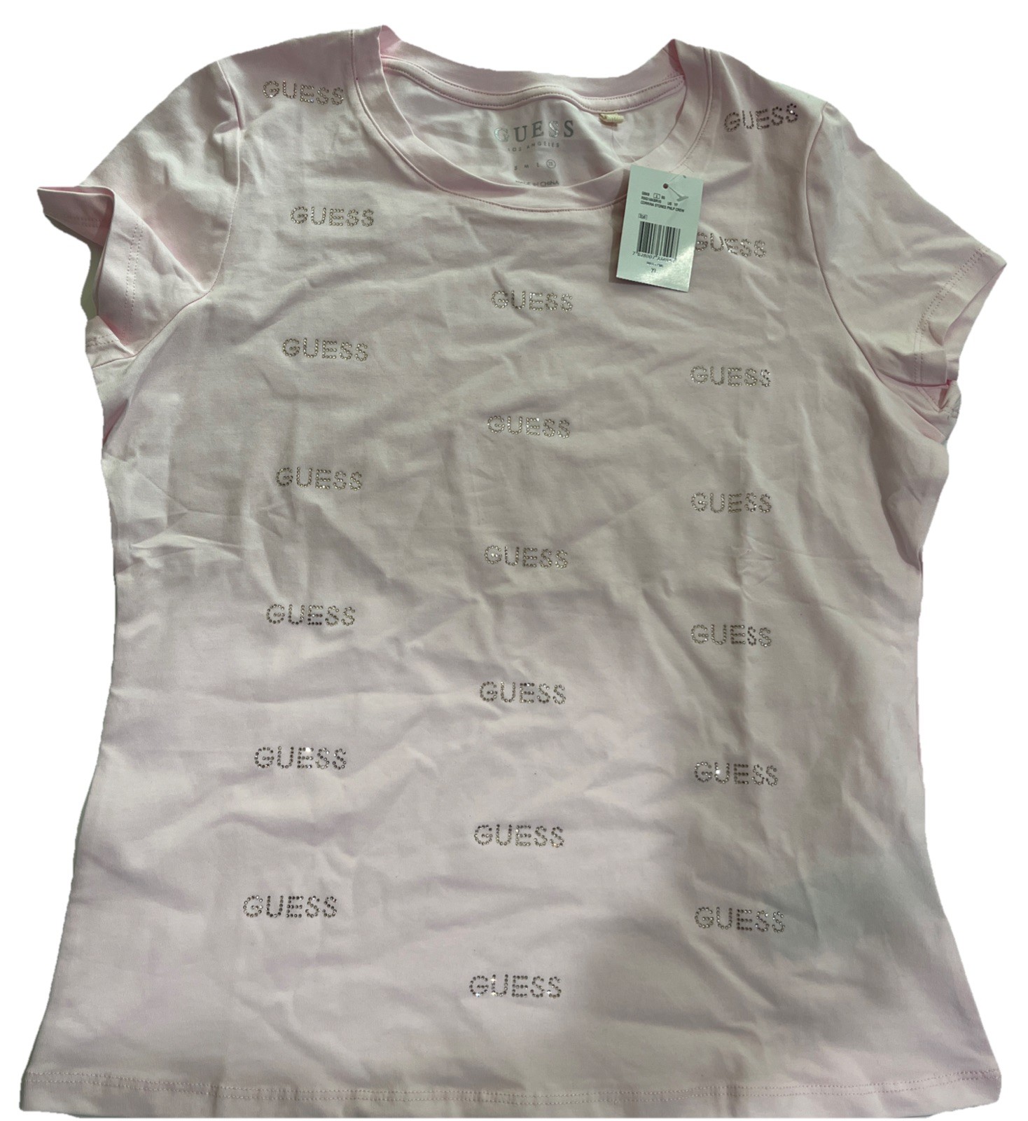 GUESS Pink Sequin Logo T-Shirt Women’s Size XL Organic Cotton Short Sleeve