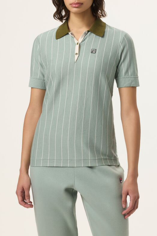 $120 FILA Women’s BB1 Striped Tennis Polo Green Gray Size Large AW51F027-379