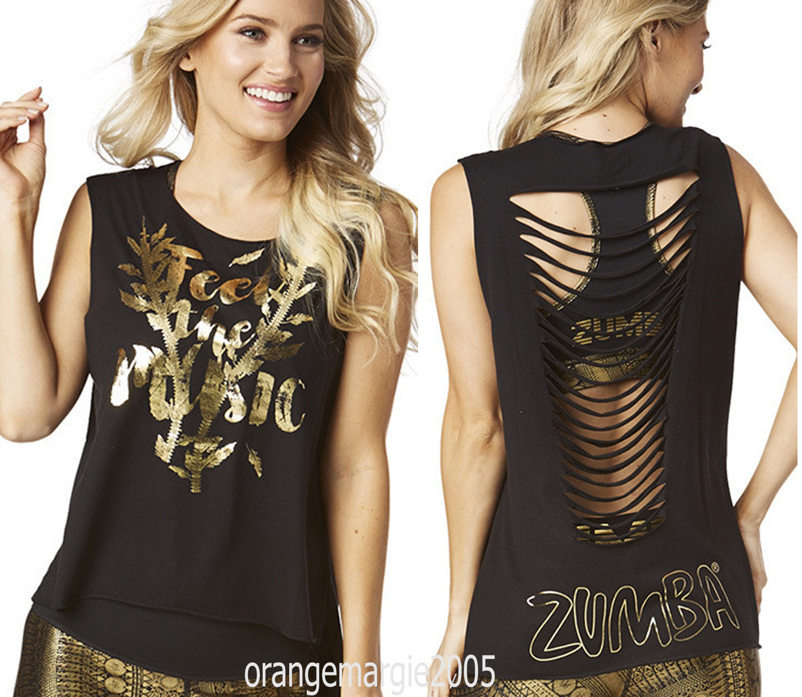 ZUMBA Feel the Music Slashed Hi-Low Tank Tee Top Gold Foil Metallic XS S M L XL