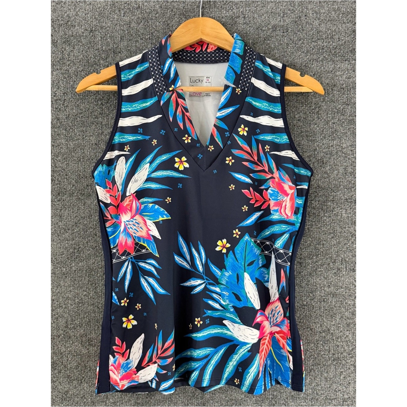 Lucky In Love Womens Floral Sleeveless Golf Polo Size Medium Tropical Activewear