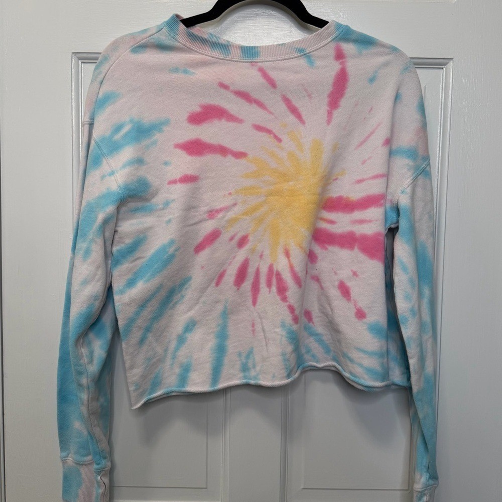 Spiritual Gangster Tie Dye Cropped Sweatshirt Pink Blue Yellow Size Medium