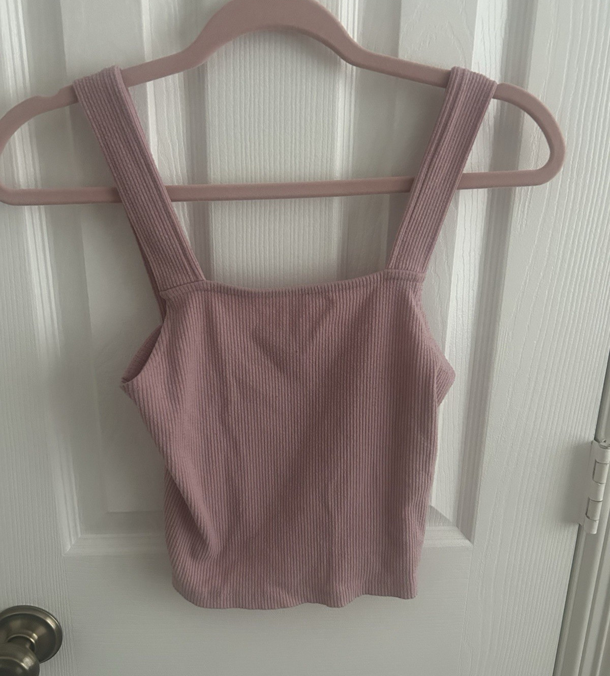 American Eagle Pink Ribbed Knit Cropped Square Neck Tank Top Stretch Size M