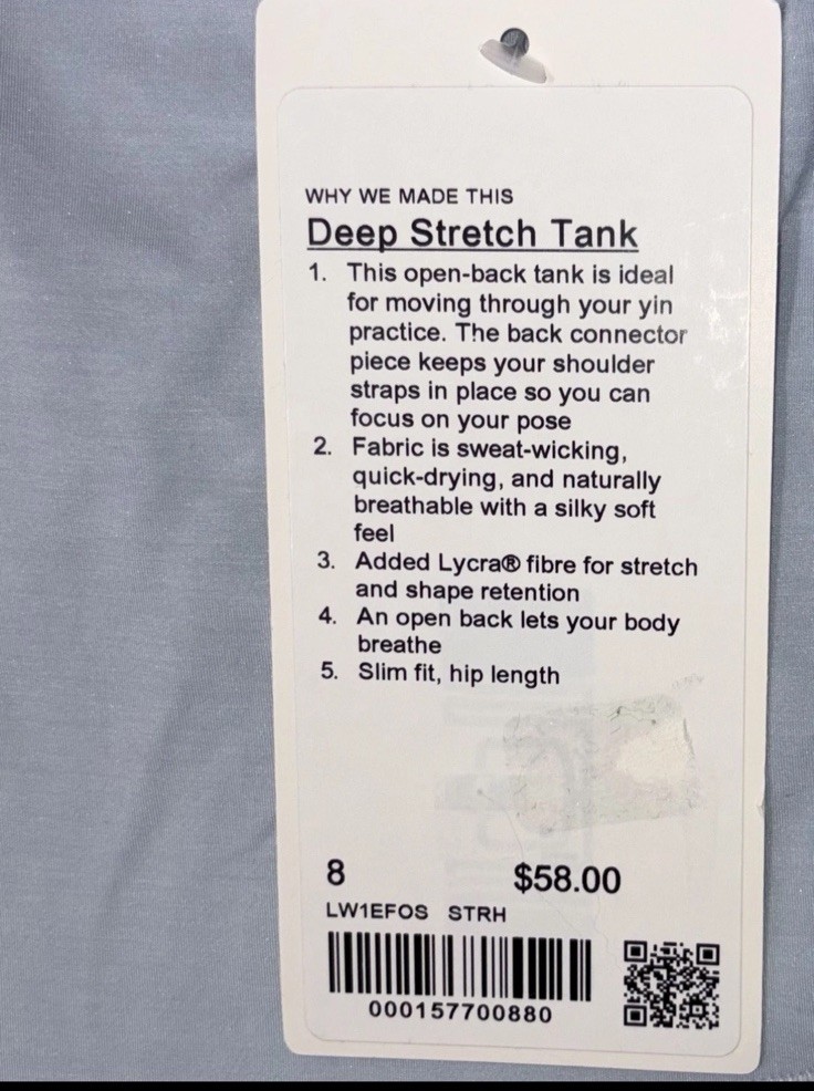 NWT💎LULULEMON💎SIZE 8💎DEEP STRETCH TANK💎AUTHENTIC💎HIP LENGTH💎STARCH BLUE💎