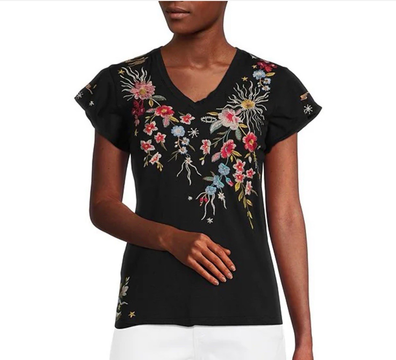 Johnny Was Lissa FLUTTER SLEEVE TEE TOP Blouse BLACK Shirt Embroidery Size Small