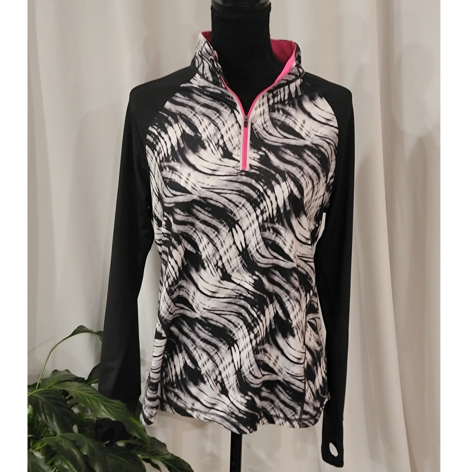 Ideology Womens Large Black White Abstract Print Quarter Zip Active Top