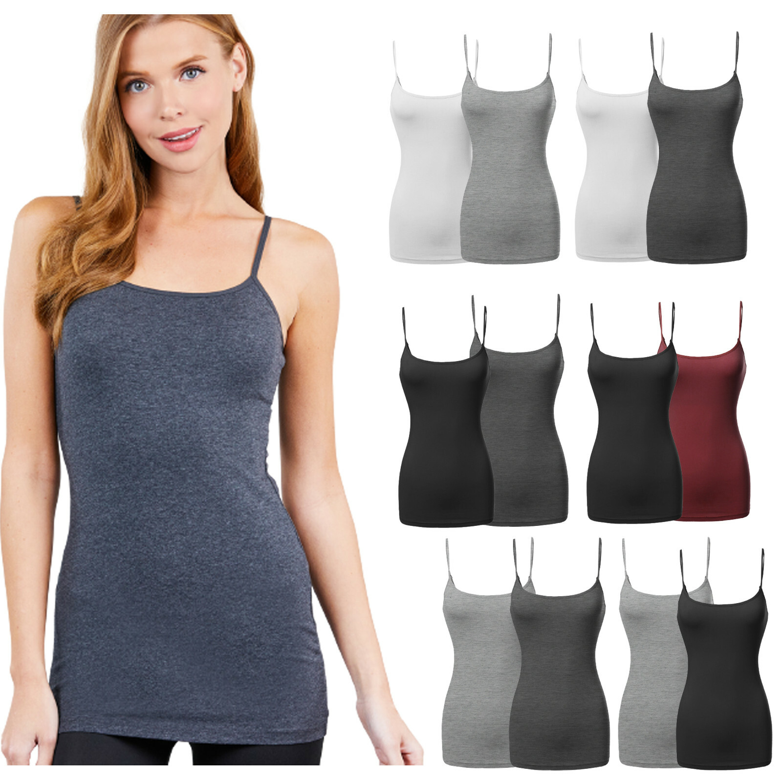 [2 PACK] Women’s Long Cami Tank Tops Fit Basic Camisole Top W/ Straps PLUS SIZES